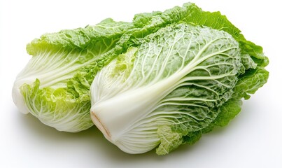 Two pieces of lettuce are on a white background