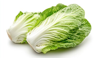 Two pieces of lettuce are on a white background