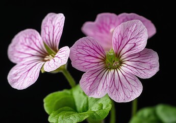 Fototapeta premium Delicate Pink Flowers with Intricate Veins on Dark Background