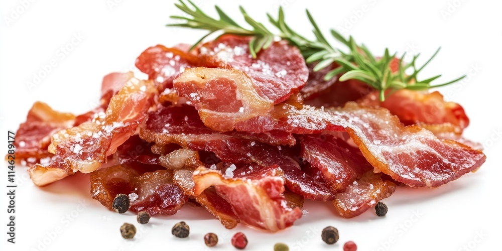 Poster savory chunks of salted bacon, presented against a clean white background, showcasing the deliciousn