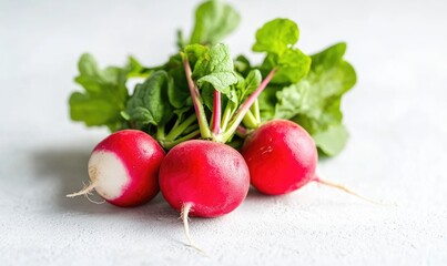 Three radishes are sitting on a table