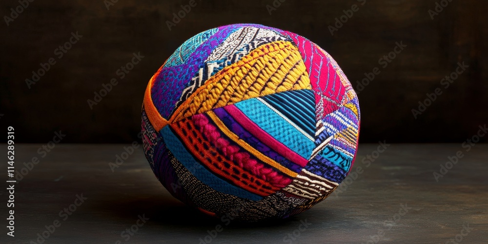 Poster vibrant cloth ball displayed on a dark background, showcasing the intricate textures and colors, the