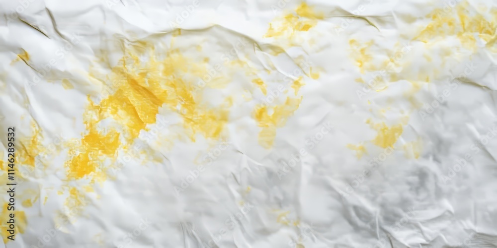 Poster Aged white fabric showcasing stains in yellow and gray paints, ideal for use as a textured background for various creative projects. This white fabric s unique stains enhance visual interest.