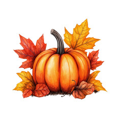 Autumn Watercolor Scene with Pumpkin and Leaves