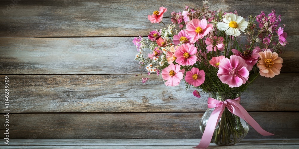Aufkleber cutter flowers in a vase, adorned with a ribbon, create a charming display against a wooden backgrou