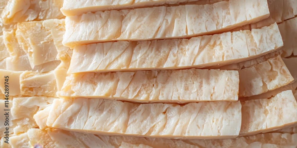 Aufkleber thinly sliced raw tapioca tempeh, prepared for dry frying, showcases the unique texture and flavor o