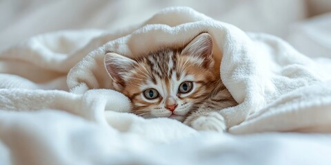 Adorable kitten cozies up under a soft white blanket on a comfortable bed, creating a serene scene perfect for showcasing the cuteness of a kitten enjoying a warm space.