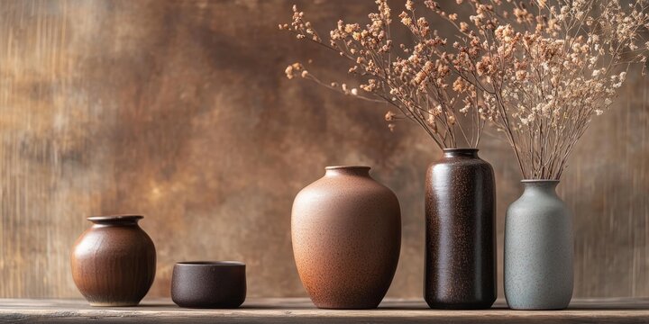 In a market setting, beautifully handcrafted Asian clay ceramics are showcased. The vintage brown backdrop features decorative elements that embody cultural significance.