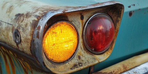 Damaged right turn signal of a passenger car following a car accident. The car accident resulted in harm to both the housing and cover of the lamp, indicating the need for repair or replacement.