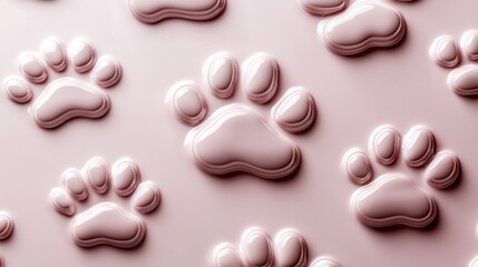 Fototapeta premium Seamless pattern of embossed pink paw prints on a pale pink background.