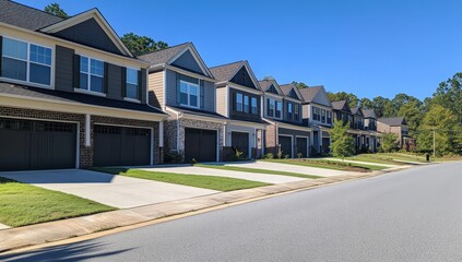 Row of modern two-story houses with attached garages on a sunny street.