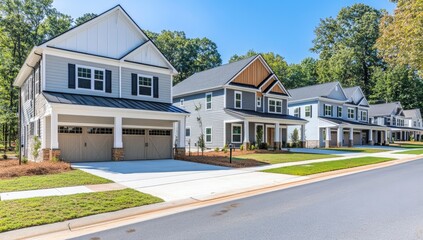 Row of new, modern, gray and white houses on a tree-lined street.