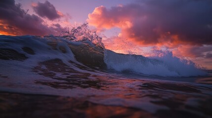 Obraz premium Vibrant Sunset Over Ocean Waves Creating Lively Sea Foam