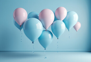 Background of blue balloons flying gracefully in an empty room, wonderful festive atmosphere