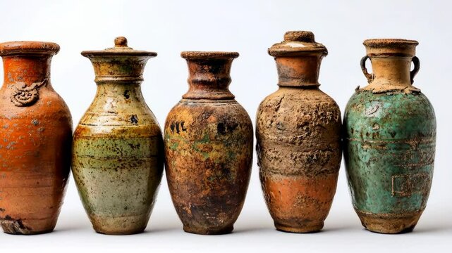 Antique pottery collection displayed on a neutral background showcasing craftsmanship and historical significance