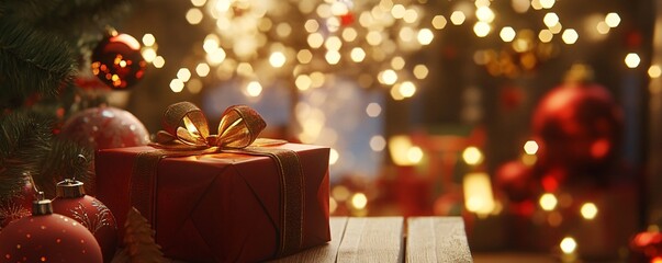 Christmas gift and ornaments with glowing lights creating festive atmosphere