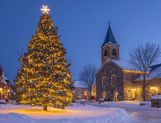 Christmas tree on the background of the church. church in winter,
