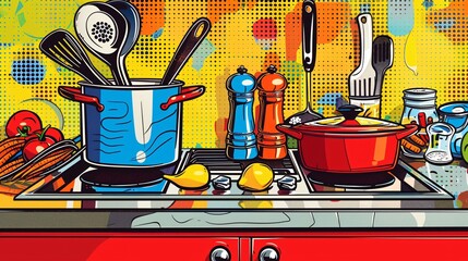 Colorful and stylized arrangement of various kitchen utensils cookware and ingredients against a vibrant pop art inspired background  This image captures the essence of a modern