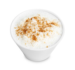 Delicious rice pudding with cinnamon isolated on white
