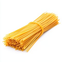 Yellow spaghetti neatly tied at the top with two strings on a white background. The pasta is straight and unique in shape. Simplicity and elegance of the raw pasta creates an attractive presentation.