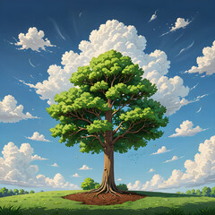 a cartoon style illustration of a tree in a grassy field

