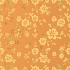 Rustic Floral Pattern:  A charming, vintage-inspired seamless pattern featuring delicate off-white flowers and olive green leaves on a warm burnt orange background. Perfect for textile design.