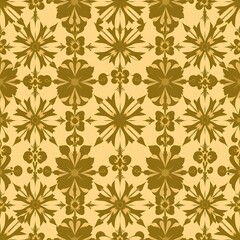 Golden Floral Pattern: A luxurious seamless pattern featuring intricate golden floral designs on a pale yellow background. Perfect for textile design, wallpaper, and other creative projects. 