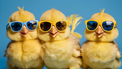 "Three Yellow Chicks Wearing Sunglasses Posing Against Multiple Backgrounds, Including a Studio Blue Backdrop – A Fun and Vibrant Easter Concept with Playful and Whimsical Vibes"