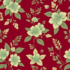 Red and Green Floral Pattern: A classic and elegant floral pattern featuring delicate green flowers and leaves on a rich red background.