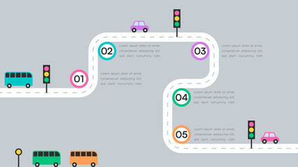 Colorful Roadmap Infographic with Cars, Buses, and Traffic Lights