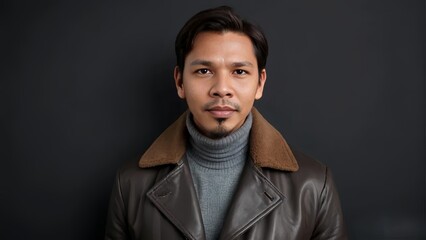 Obraz premium A man wearing a gray leather jacket with a furry collar and a gray turtleneck. The background is dark brown, giving an elegant and classic impression.