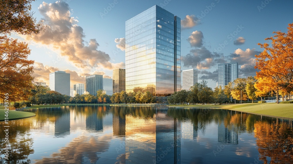 Poster a city with a large building and a lake