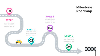 Colorful Milestone Roadmap Infographic with Numbered Steps and Finish Line