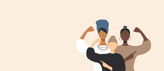 Three women show their strength. International Women's Day concept. #AccelerateAction