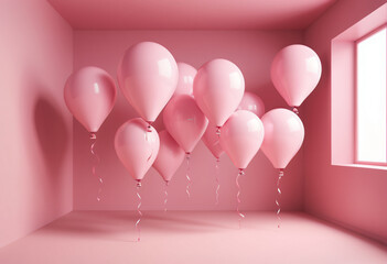 Background of pink balloons flying gracefully in an empty room, wonderful festive atmosphere