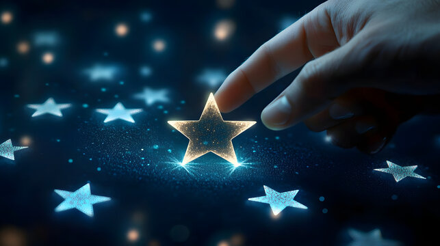hand of businessman touching five star symbol to increase rating of company concept copy space background for your titl