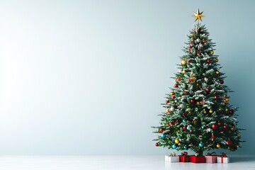 A decorated Christmas tree with ornaments and gifts, set against a simple backdrop.