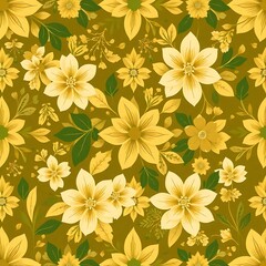Golden Floral Pattern: A seamless pattern featuring a vibrant array of yellow flowers and green foliage on a warm mustard background, perfect for textile, wallpaper, and digital design. 