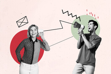 Creative collage young man announce proclaim information loudspeaker bullhorn speech gossips rumors...