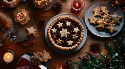 National Fruitcake Day Festive holiday dessert table with mincemeat pie and star cookies for christmas celebration