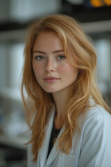 Fototapeta premium Confident Young Female Doctor with Red Hair and a White Coat. Bioethicist