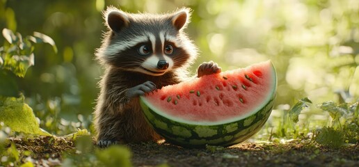 Obraz premium Cute raccoon enjoying a juicy watermelon slice in a lush forest setting.