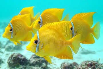 A group of yellow tangs fish swimming in the crystal clear water, Big Island, Hawaii , isolated on white background,  , copy space, copy space for text,
