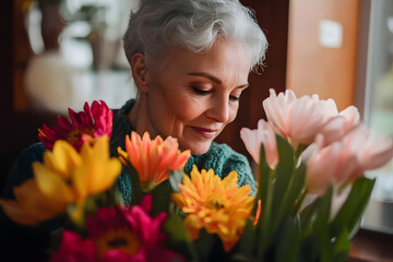 Naklejka premium Elderly woman enjoying colorful flowers at home in cozy living room, embracing leisure and warmth