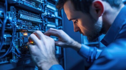 Technician Carefully Working On Complex Server Hardware