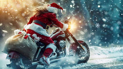 A vibrant image of a young Santa woman on a roaring motorcycle, her red boots and jacket trimmed with white fur.