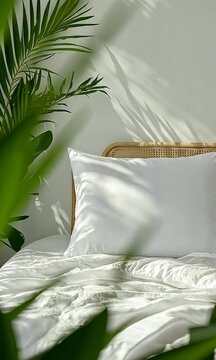 White pillow on a bed with a rattan headboard and a palm plant.