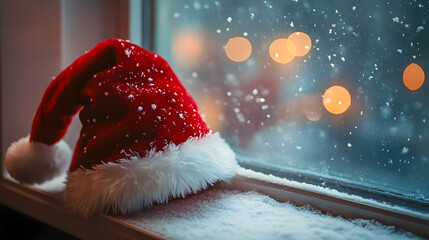 Snowy Night Window Illustration: Festive Red Hat
