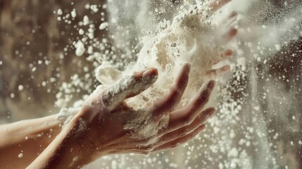 Fototapeta premium Hands clapping flour in a kitchen baking scene