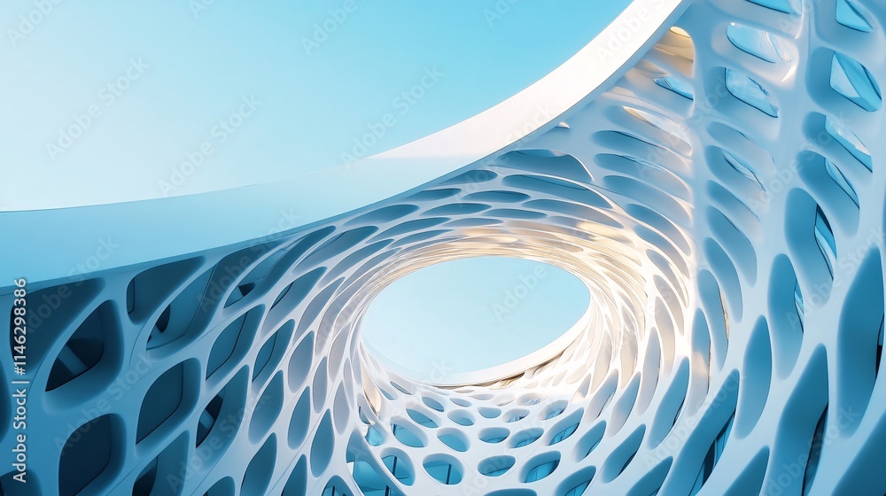 Poster futuristic white building showing modern architecture with round hole and blue sky